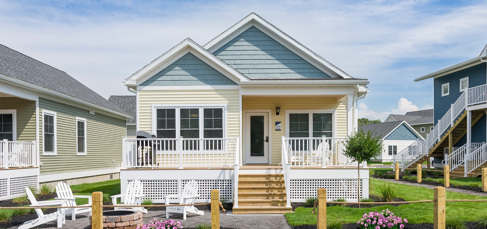 exterior view of blue roof cottage