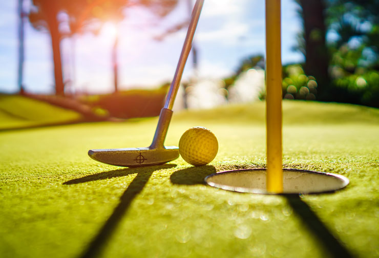 a close-up of a golf ball and a putter on a green, grassy area.