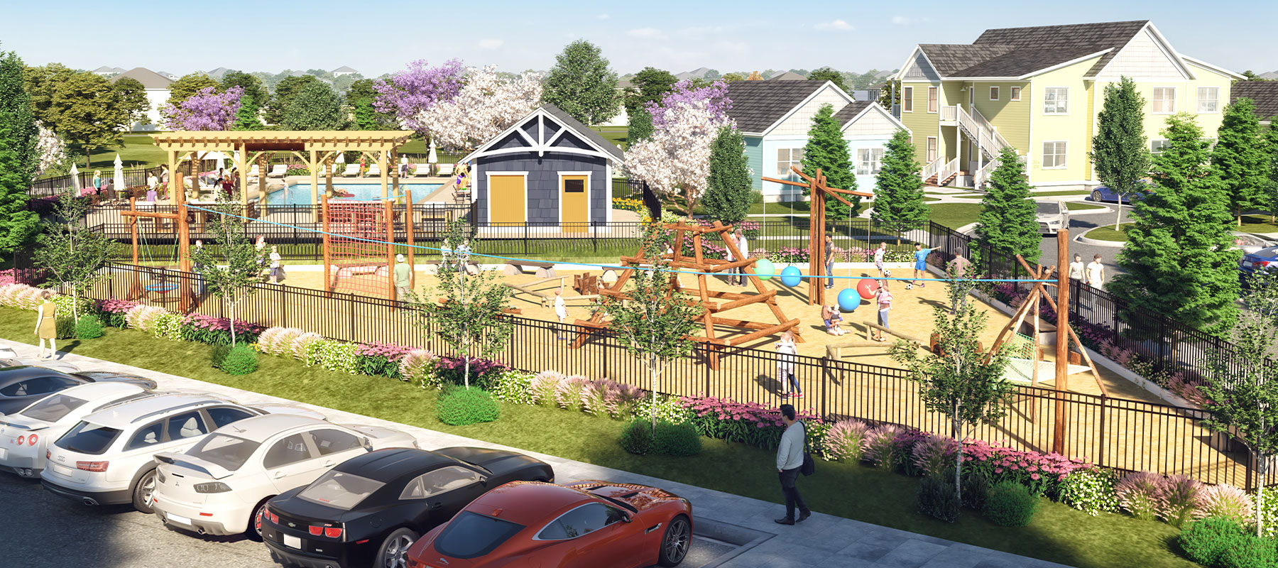 The Cove playground rendering with cars in the parking lot and pedestrians walking