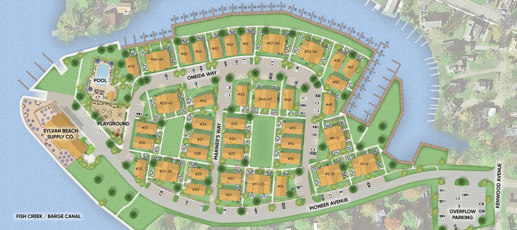 Map for our travel community showing locations of our vacation homes and cottage rentals at The Cove