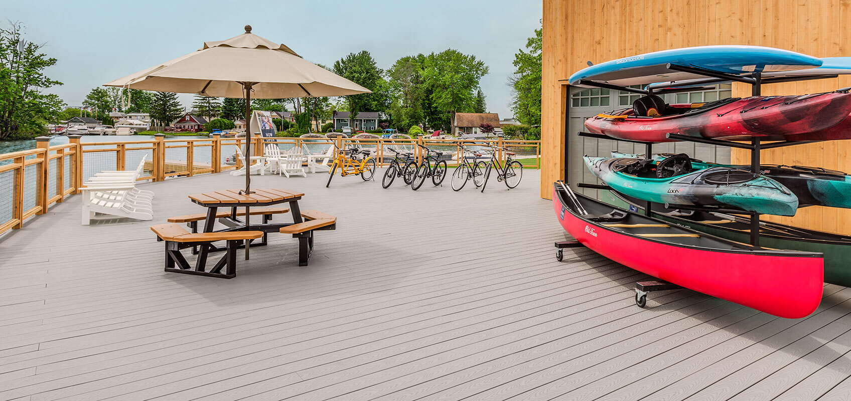 The deck at Sylvan Beach Supply Co with kayak, canoe, bicycle rentals