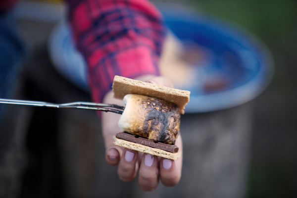 Hand Offering S'mores On A Metal Skewer